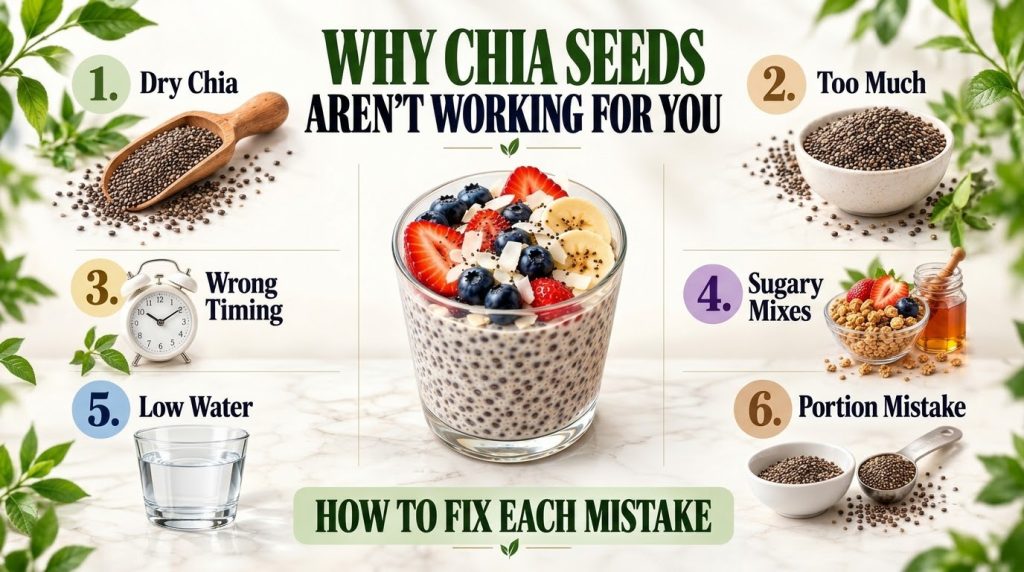 An infographic detailing six common mistakes when consuming chia seeds and their fixes with various arrangements of chia