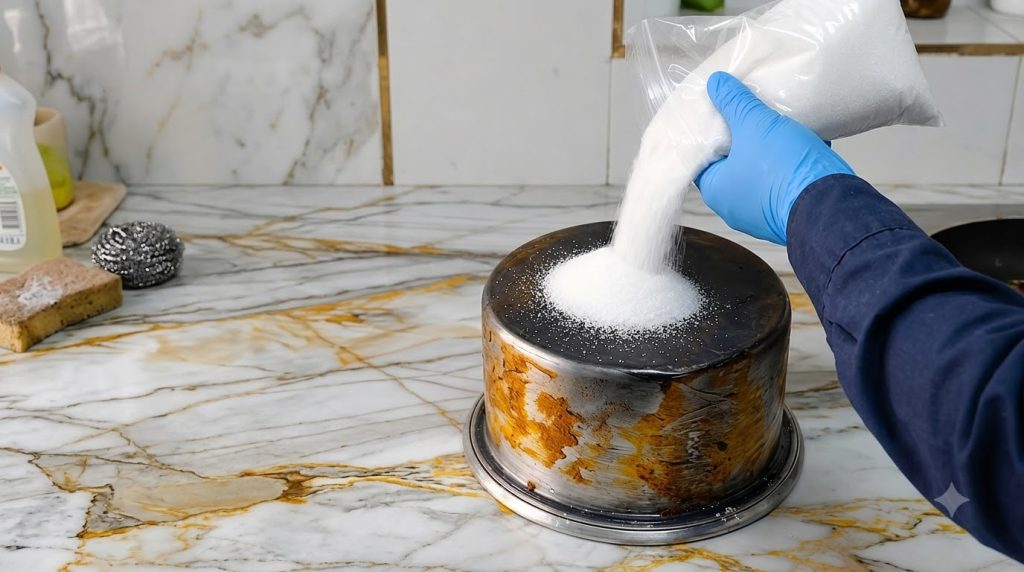 A gloved hand precisely pouring baking soda from a clear plastic bag onto a dark round burnt pot or pan resting on a pri