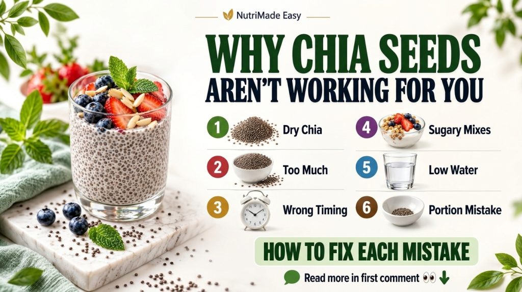 Infographic detailing common mistakes when preparing chia seeds with a glass of chia pudding topped with berries almonds