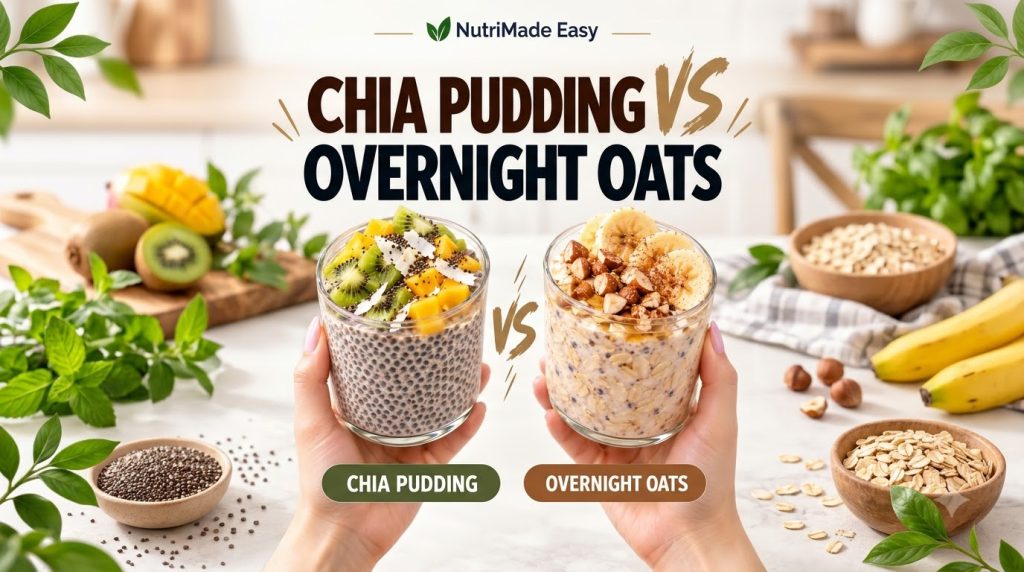 A vibrant comparison of Chia Pudding and Overnight Oats in clear glasses held by hands The Chia Pudding is topped with k