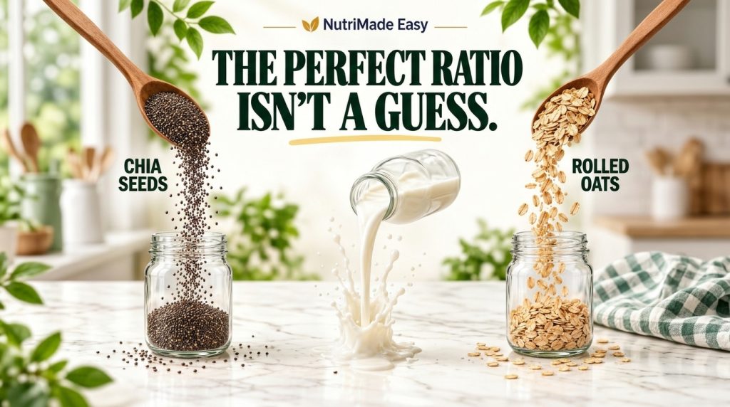 Ingredients for a healthy breakfast including chia seeds rolled oats and milk being prepared in glass jars