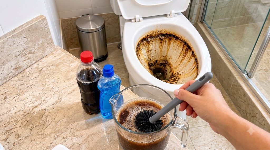 A severely stained toilet bowl with a hand holding a toilet brush next to a measuring jug with a dark bubbly liquid a bo