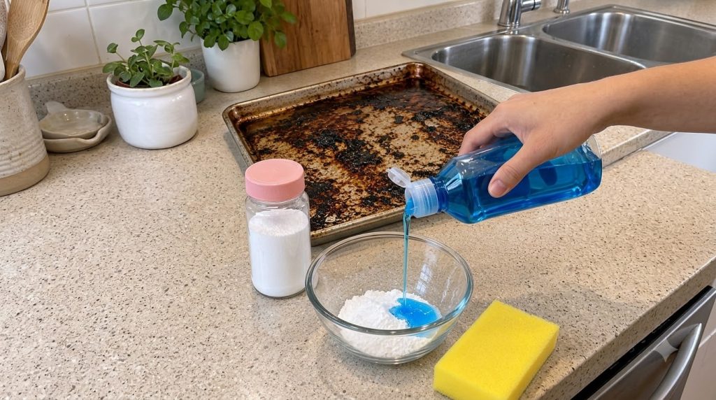 A hand pouring blue dish soap into a glass bowl containing white baking soda with a dirty baking sheet in the background