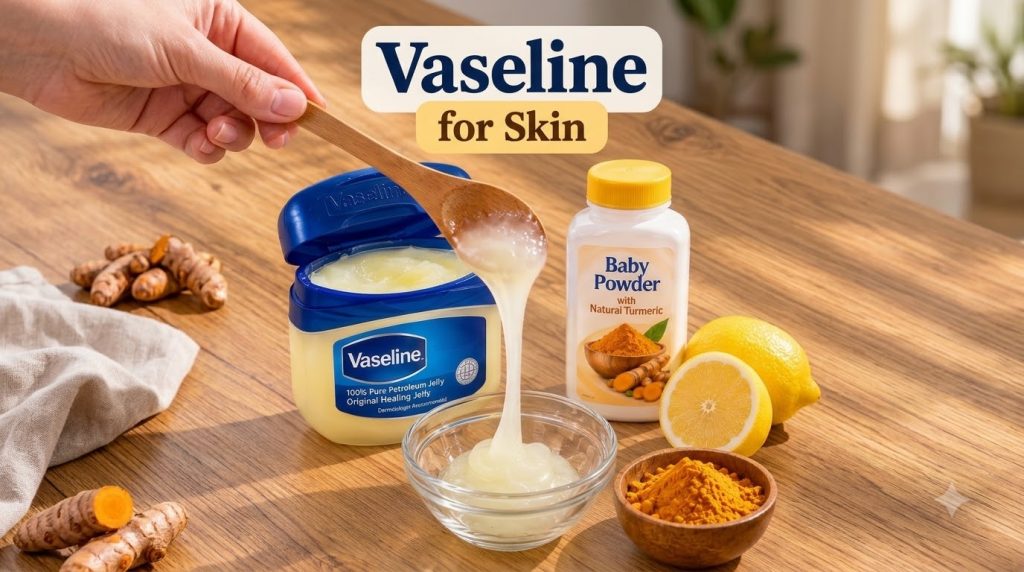 A hand using a wooden spoon to scoop Vaseline into a small glass bowl with turmeric powder whole and sliced lemons and a