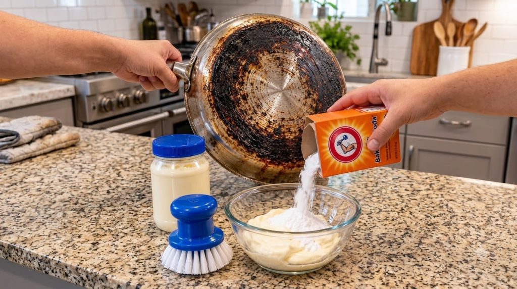 A kitchen counter with a person holding a heavily burnt stainless steel pan while another person pours baking soda into 
