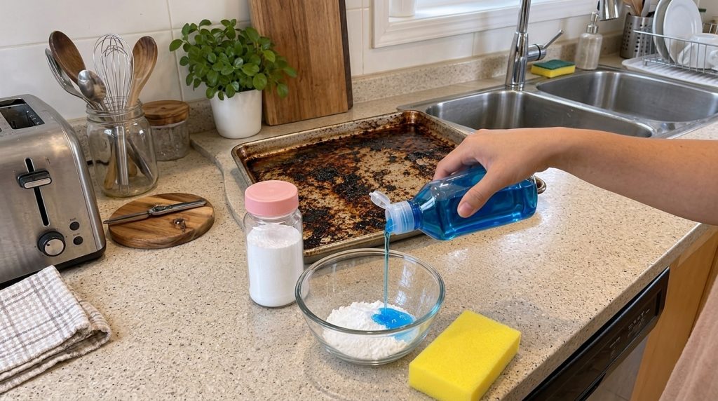 A close-up of a hand pouring blue dish soap into a glass bowl containing white baking soda powder with a heavily burnt a
