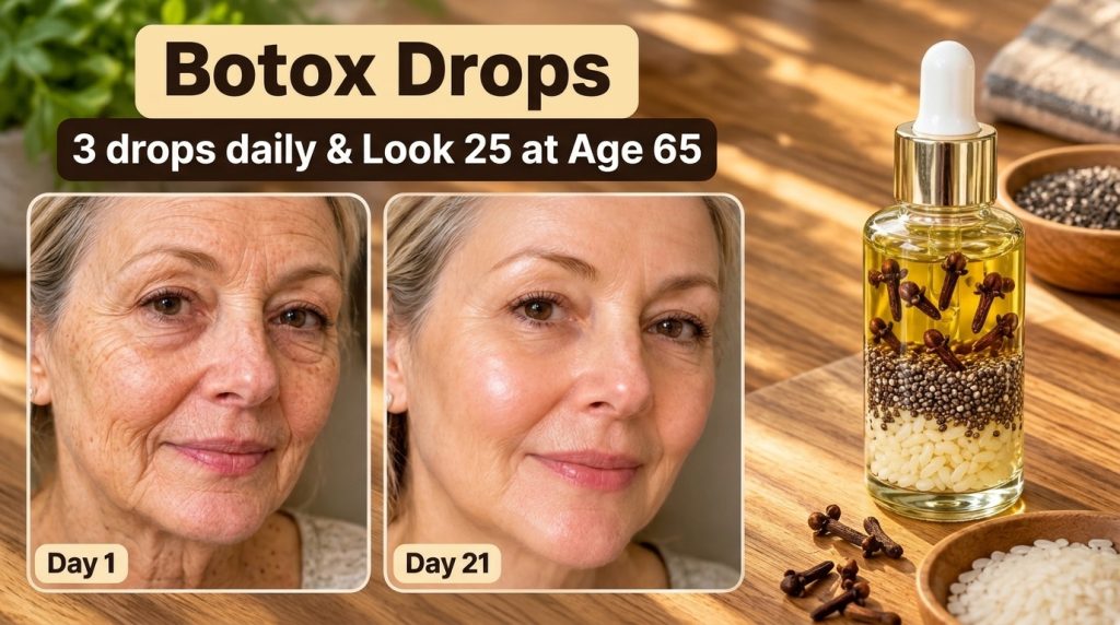 A split image showing a woman s face with wrinkles on Day 1 and smoother skin on Day 21 next to a dropper bottle with go