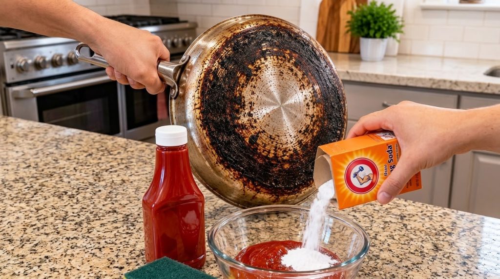 A hand pouring baking soda into a bowl of ketchup next to a heavily burnt stainless steel pan and a sponge