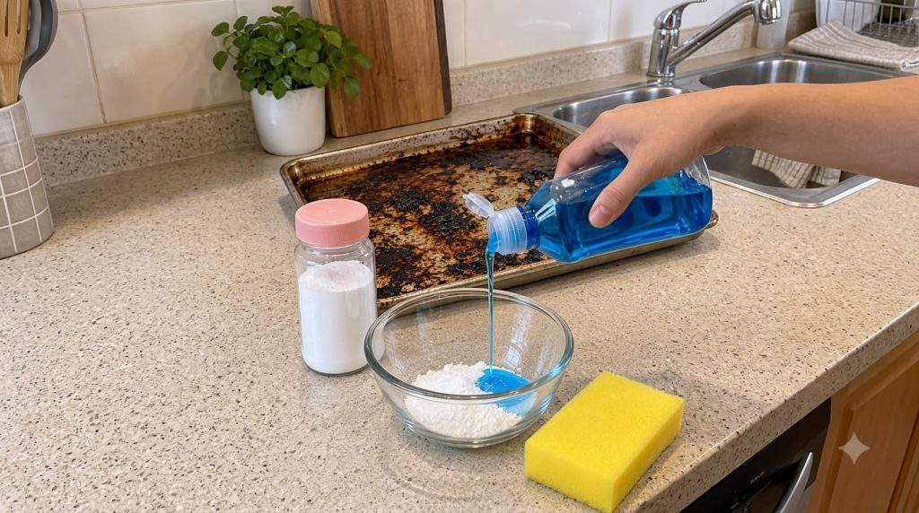 A hand pouring blue dish soap into a glass bowl with white baking soda preparing a cleaning mixture In the background a 