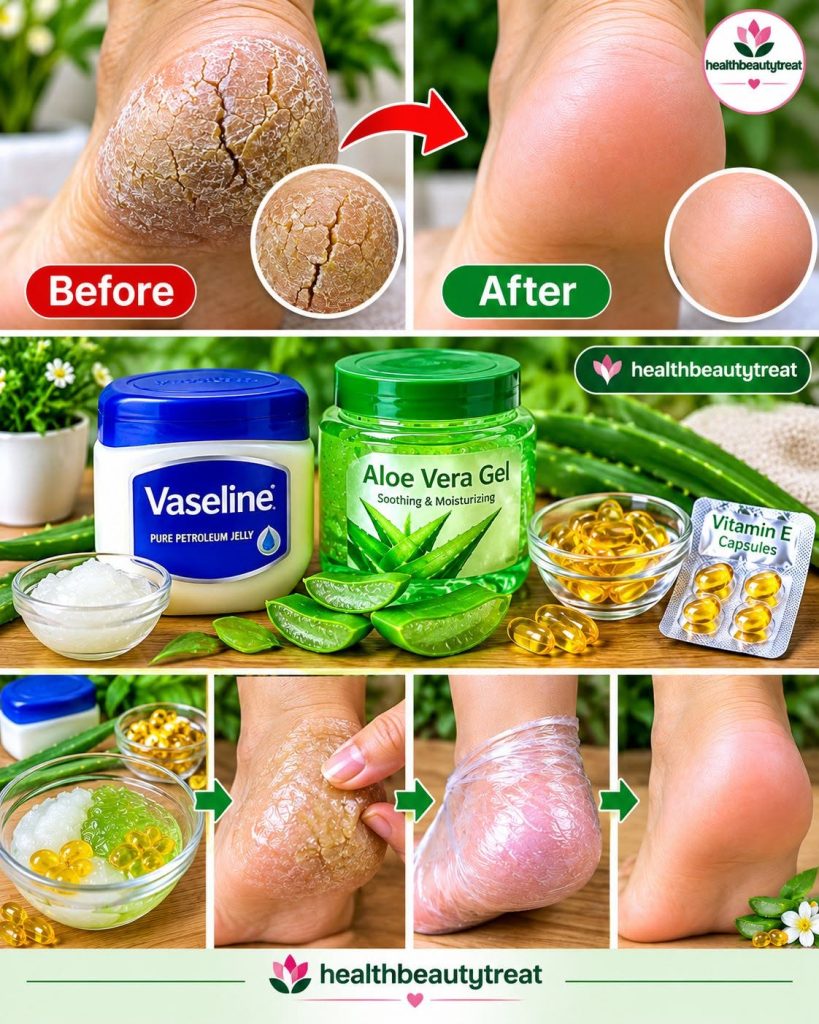 A visual guide for a DIY cracked heel remedy showing a Before After comparison key ingredients Vaseline Aloe Vera Vitami