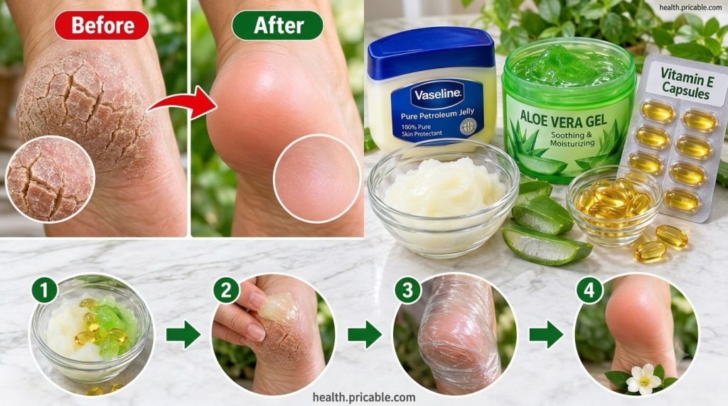 A multi-panel collage demonstrating a DIY treatment for cracked heels with a Before After comparison key ingredients Vas