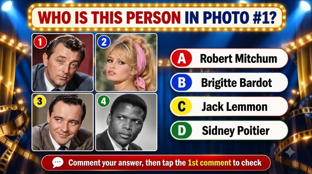 A vertical mobile quiz card with the headline Who is this person in photo 1 and a 2x2 grid of four classic celebrity por