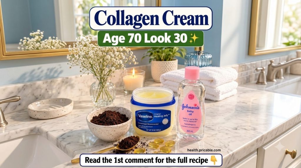 A still life arrangement of ingredients for a DIY collagen cream on a marble countertop including Vaseline baby oil vita