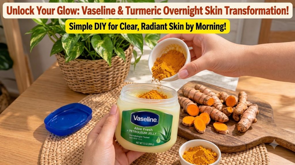 Hands preparing a DIY skin remedy with one hand pouring vibrant orange turmeric powder into a clear jar of Vaseline Aloe