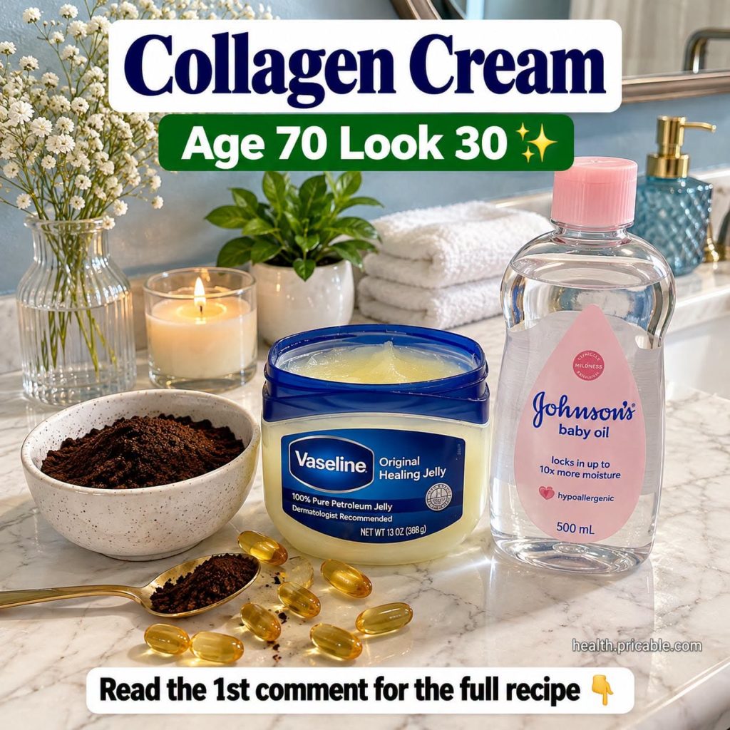 A flat lay composition showing ingredients for a DIY beauty cream on a marble countertop featuring Vaseline Johnson s ba