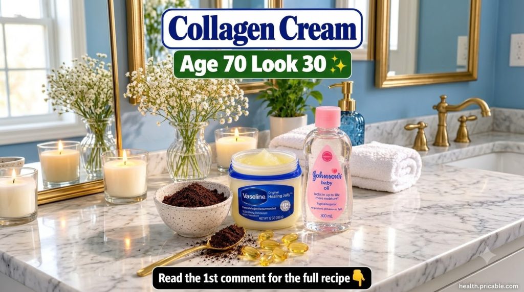 A still-life arrangement of petroleum jelly baby oil coffee grounds and vitamin E capsules on a marble countertop with a