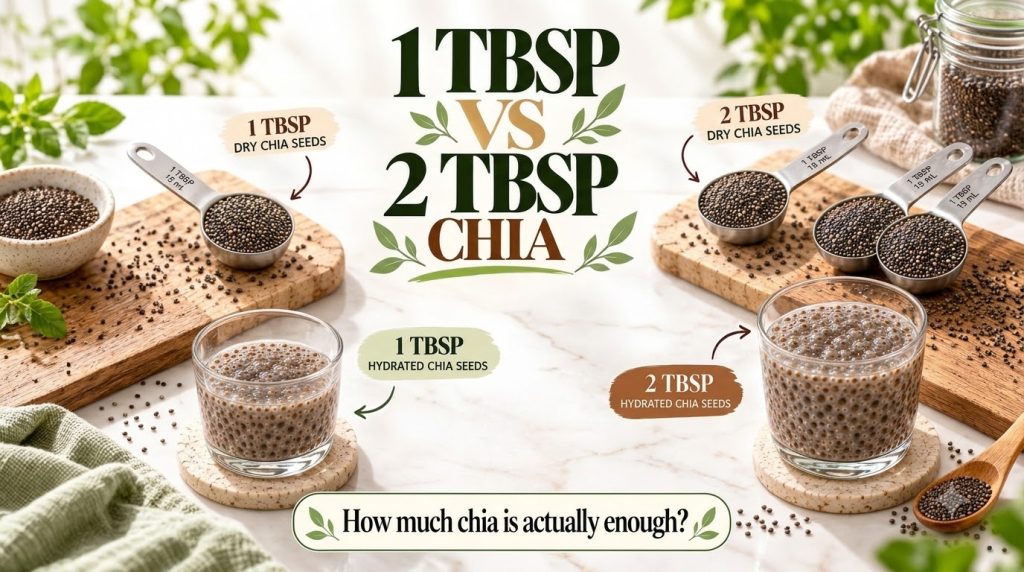 A visual comparison of 1 tablespoon vs 2 tablespoons of chia seeds both dry and hydrated showing measuring spoons with d