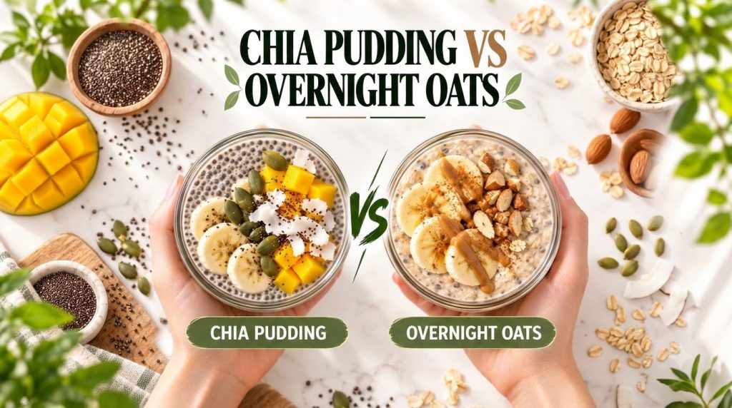A vibrant top-down flat lay comparing Chia Pudding and Overnight Oats Two hands hold glass bowls one with chia pudding t