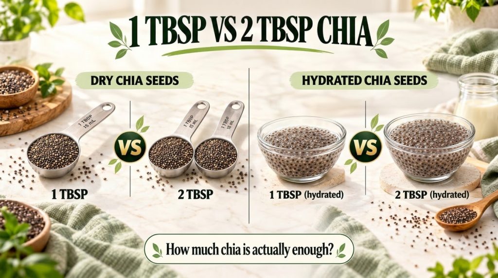 A visual infographic comparing 1 tablespoon versus 2 tablespoons of chia seeds dry and hydrated showing their expansion