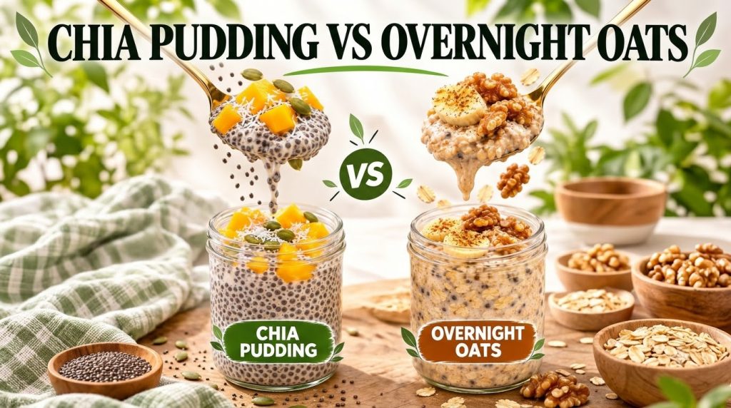 Two glass jars one with chia pudding and mango pumpkin seeds coconut flakes and another with overnight oats walnuts bana