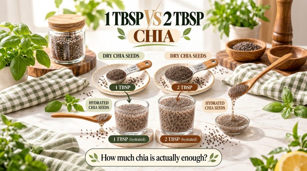 A visual comparison of 1 tablespoon vs 2 tablespoons of chia seeds both dry in measuring spoons and jars and hydrated in
