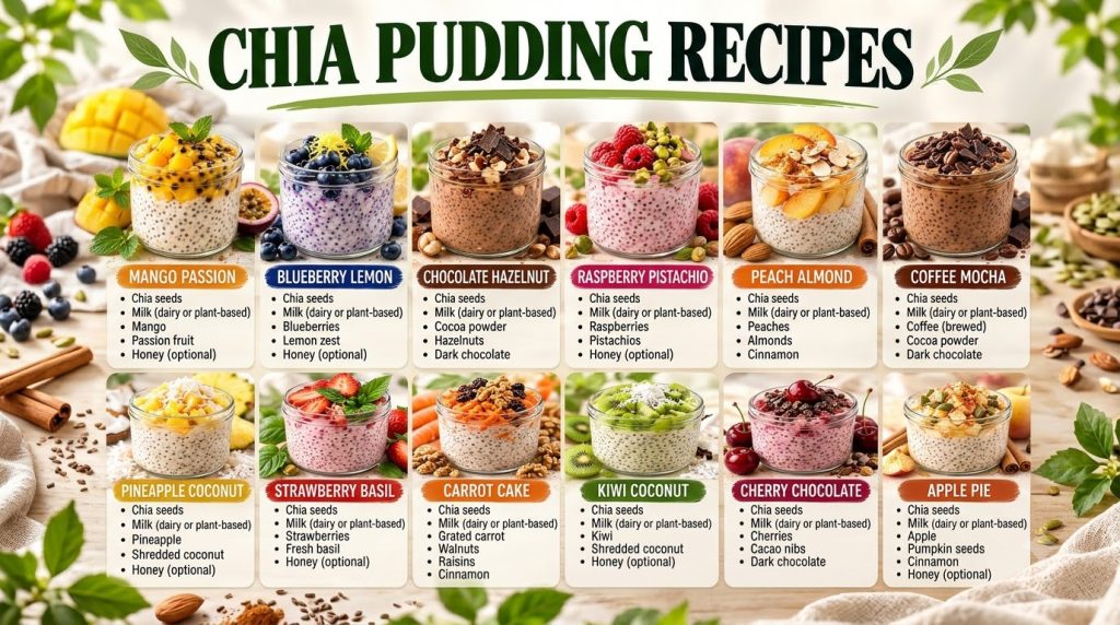 A vibrant grid of 12 distinct chia pudding recipes each presented in a clear glass jar with various fresh fruit nut and 
