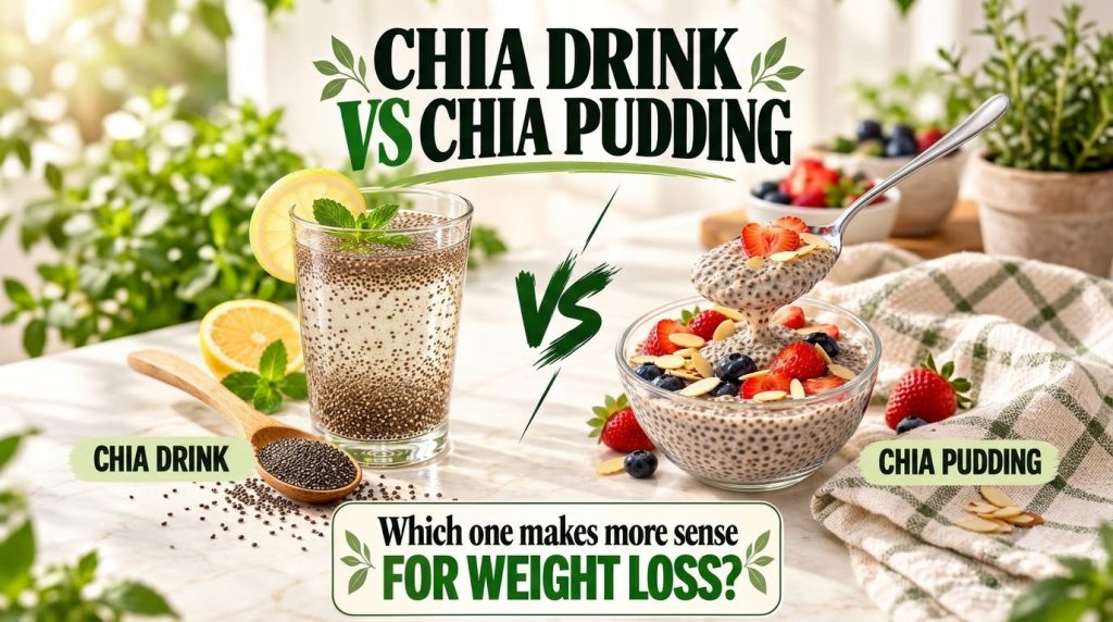 A split image comparing a chia drink with fresh fruit and mint on one side and chia pudding with fresh fruit and mint on