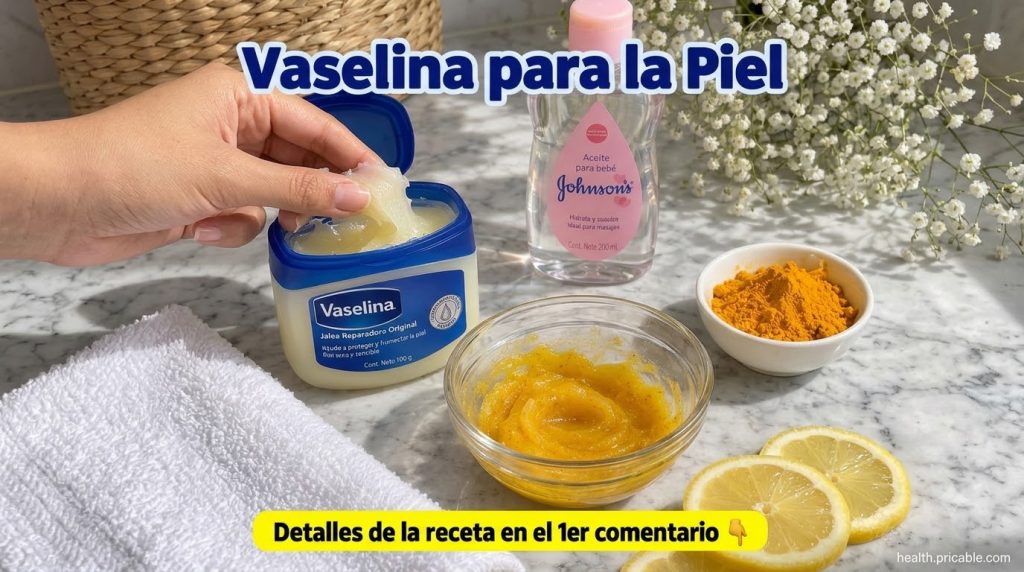 Ingredients for a DIY Vaseline baby oil and turmeric mask on a marble background with a hand scooping Vaseline