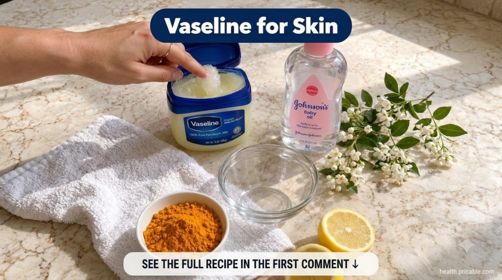 A hand scooping petroleum jelly from an open jar with a bottle of baby oil a bowl of turmeric powder lemon halves and a