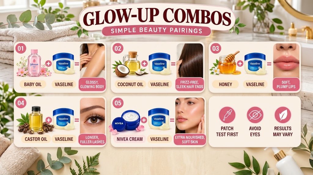 A beautiful vertical infographic titled Glow-Up Combos displaying five distinct beauty pairings of Vaseline with natural