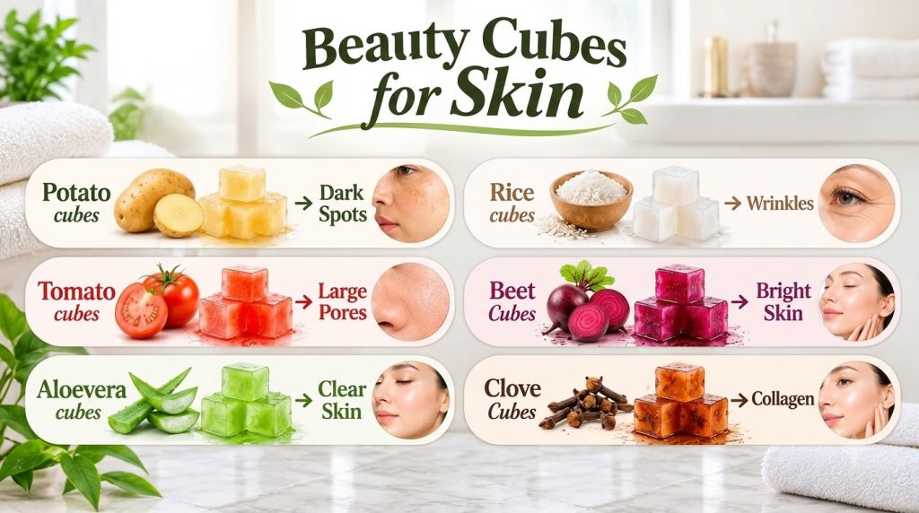 An infographic showing six different natural beauty ice cubes potato tomato aloe vera rice beet clove with corresponding