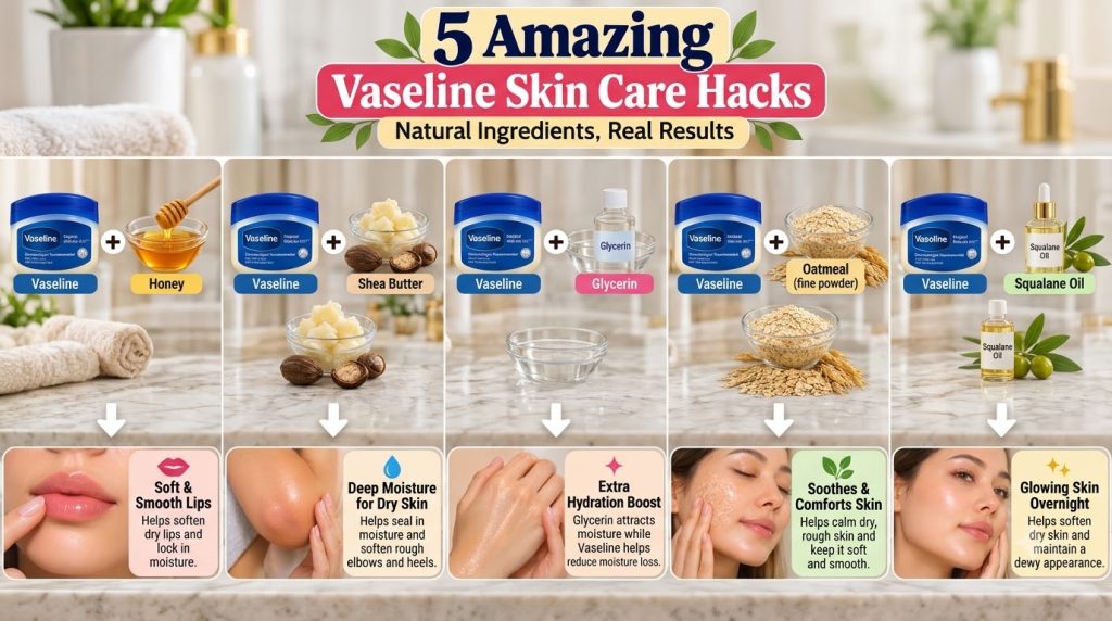 An infographic showing 5 Vaseline skincare hacks Each hack features a Vaseline jar a natural ingredient like honey shea 