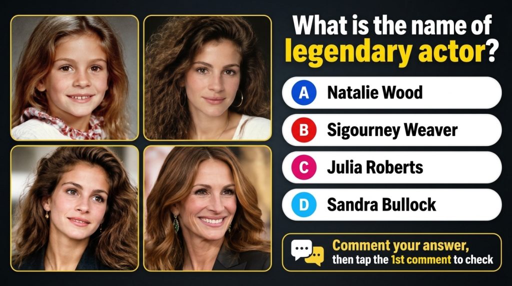 A 2x2 grid of four portraits of Julia Roberts at different ages a child two young adults and an older adult set against