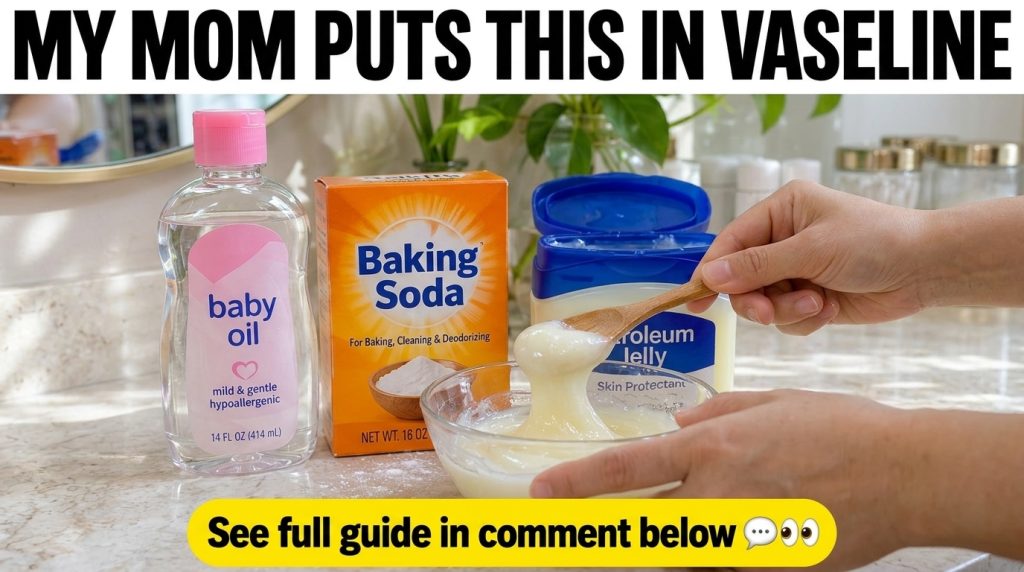 A three-panel collage showing baby oil and baking soda bottles a hand mixing baking soda into a bowl with petroleum jell