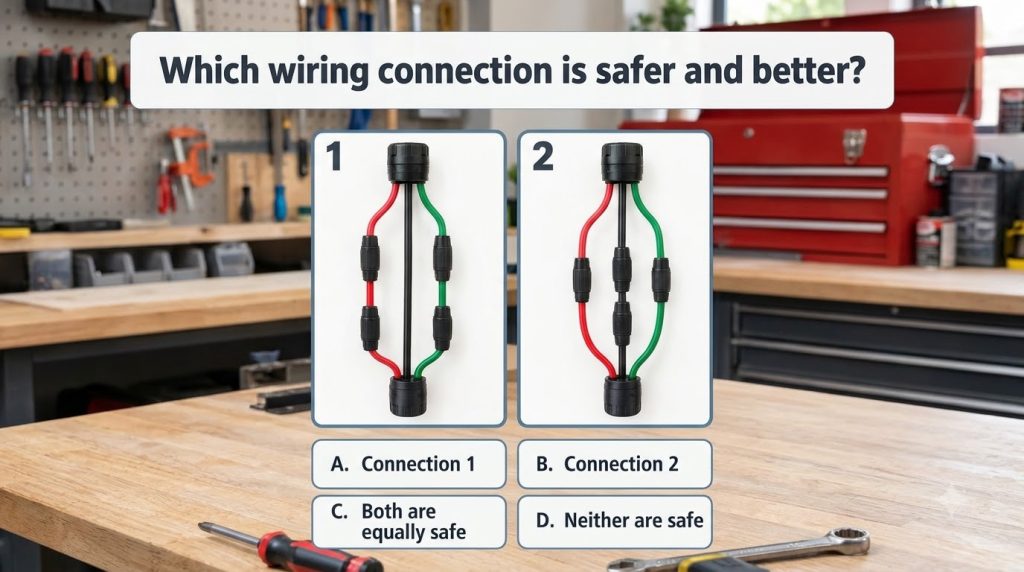 Two wiring configurations side-by-side labeled 1 and 2 Option 1 shows wires neatly aligned in a connector while Option 2