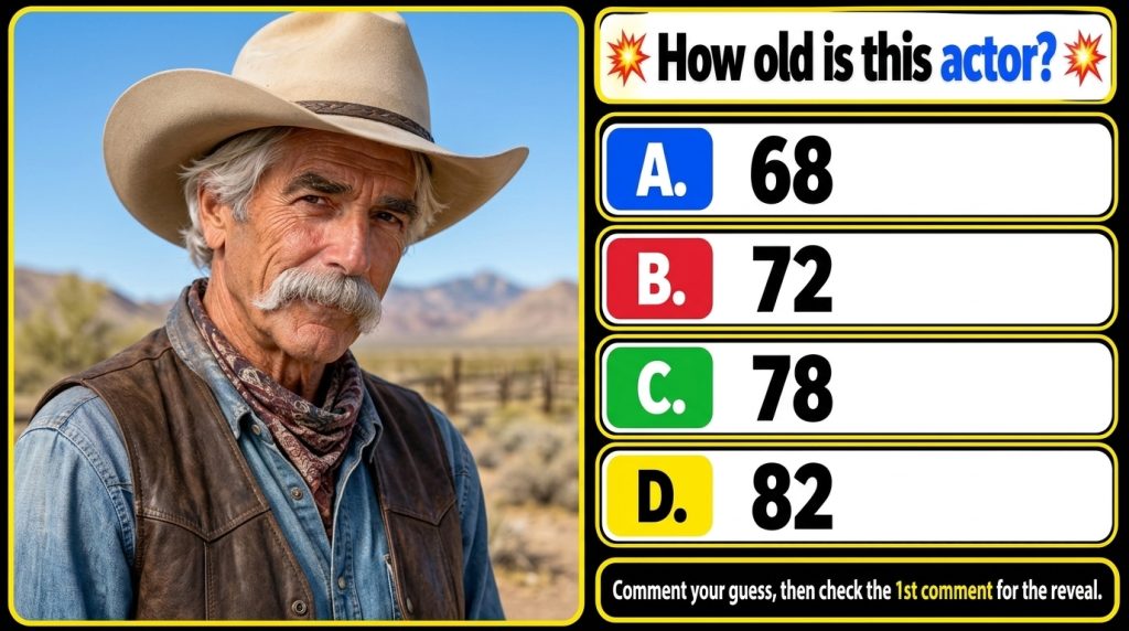 A mobile quiz card showing four headshots of male actors in a grid with the question How old is this actor and answer op