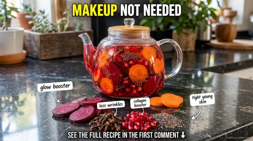 A clear glass teapot filled with a vibrant red infused drink with visible beetroot carrot pomegranate seeds cloves and c