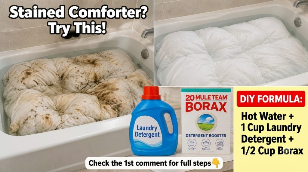 A heavily stained white comforter soaking in a bathtub filled with water with visible brown and beige stains