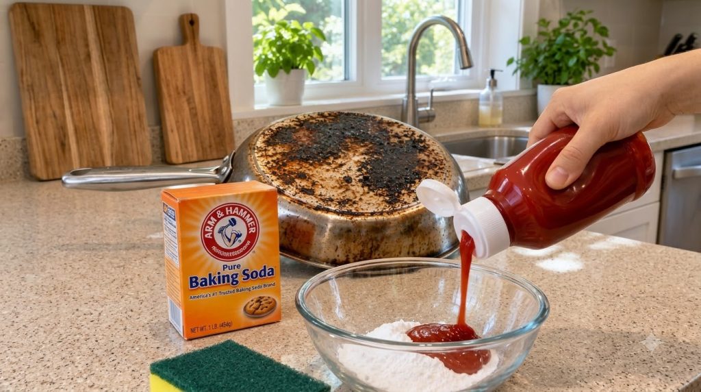 A person s hand pouring red ketchup into a glass bowl with white baking soda on a kitchen counter A dirty burnt pan is v