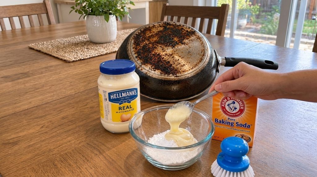 A hand mixing mayonnaise and baking soda in a glass bowl on a wooden table with a very dirty burnt frying pan in the bac