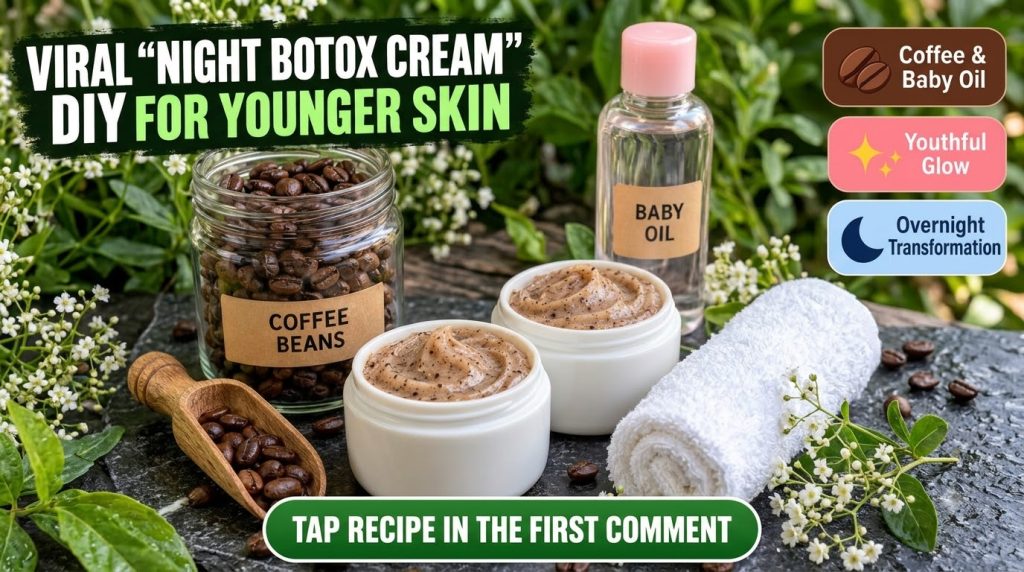 A close-up top-down view of ingredients for a DIY coffee scrub Features a glass jar of coffee beans a bottle of baby oil