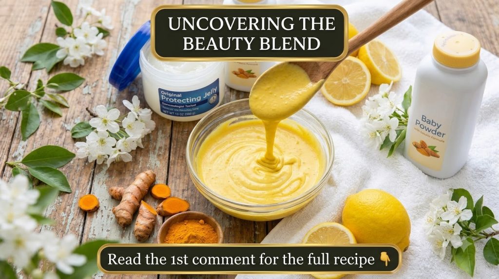 A flat lay showing an open jar of Original Protecting Jelly a bottle of Baby Powder with Natural Turmeric a glass bowl w