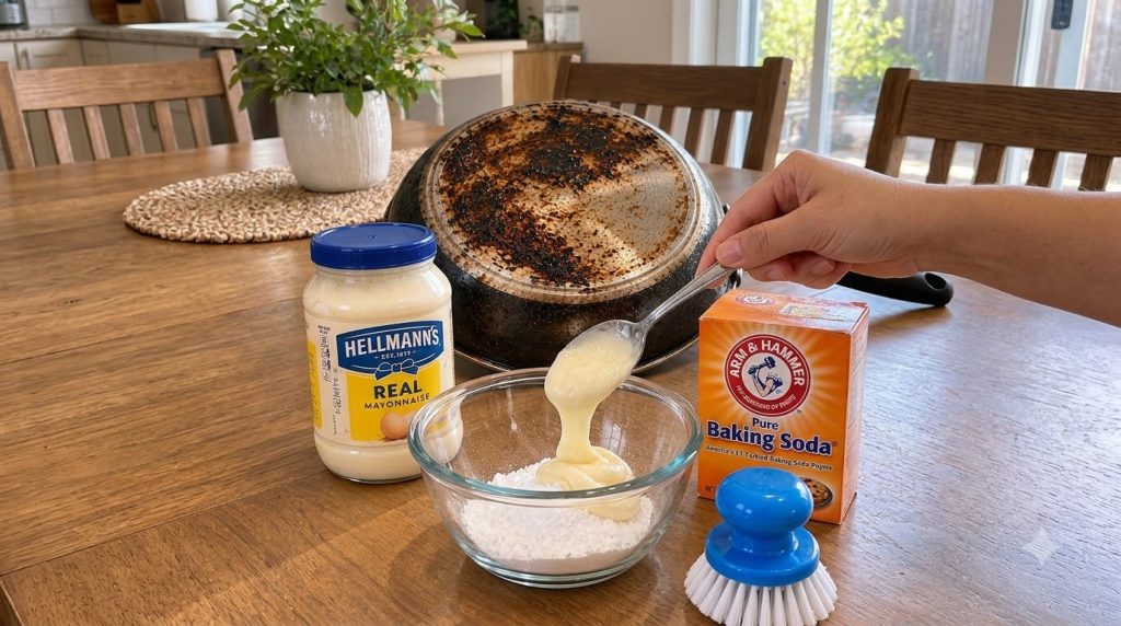 A hand spooning mayonnaise into a glass bowl containing white baking soda powder mixing them into a paste In the backgro