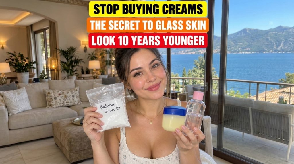A smiling woman holding baking soda petroleum jelly and baby oil with text overlays about glass skin and looking 10 year