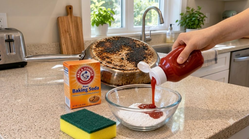 A hand pouring ketchup into a bowl of baking soda with a burnt frying pan in the background on a kitchen counter
