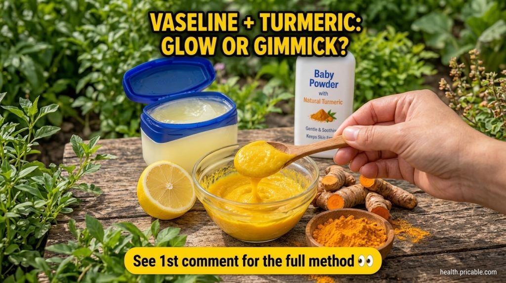 A flat lay showing a hand stirring a yellow turmeric mixture in a glass bowl with petroleum jelly lemon raw turmeric roo