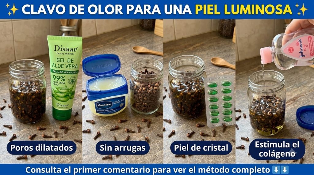 A four-panel collage showing natural skincare remedies with cloves paired with aloe vera Vaseline Vitamin E and baby oil