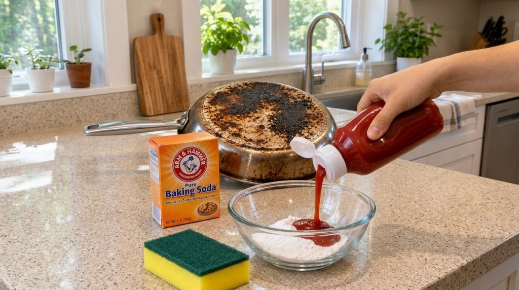 A hand pouring ketchup into a glass bowl with baking soda with a very burnt pan in the background on a kitchen counterto