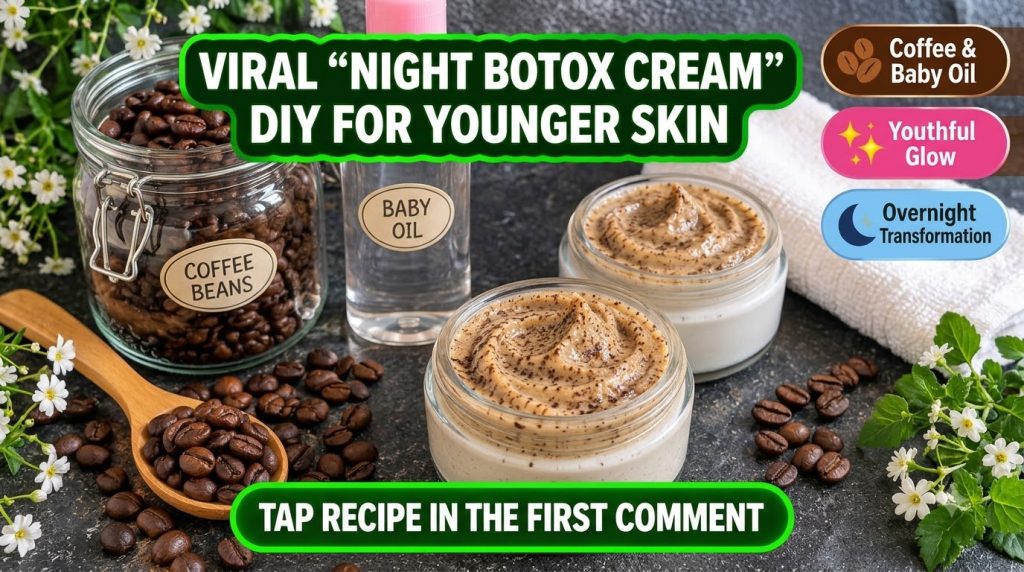 A flat-lay of ingredients for DIY Night Botox cream whole coffee beans in a jar a bottle of baby oil and two small white