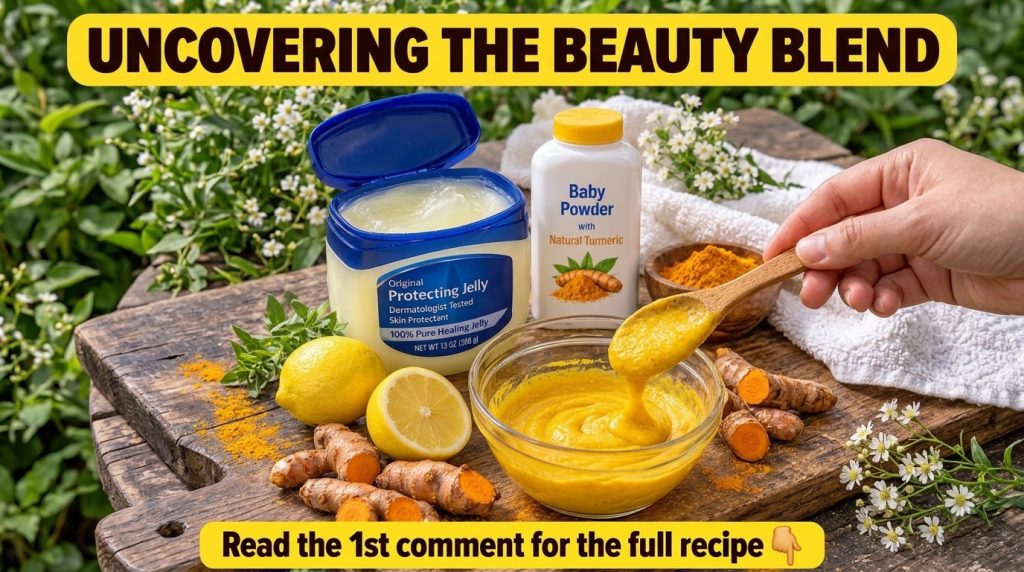 A close-up of a DIY beauty blend being mixed featuring a jar of Vaseline sliced lemons turmeric roots and a bowl of yell